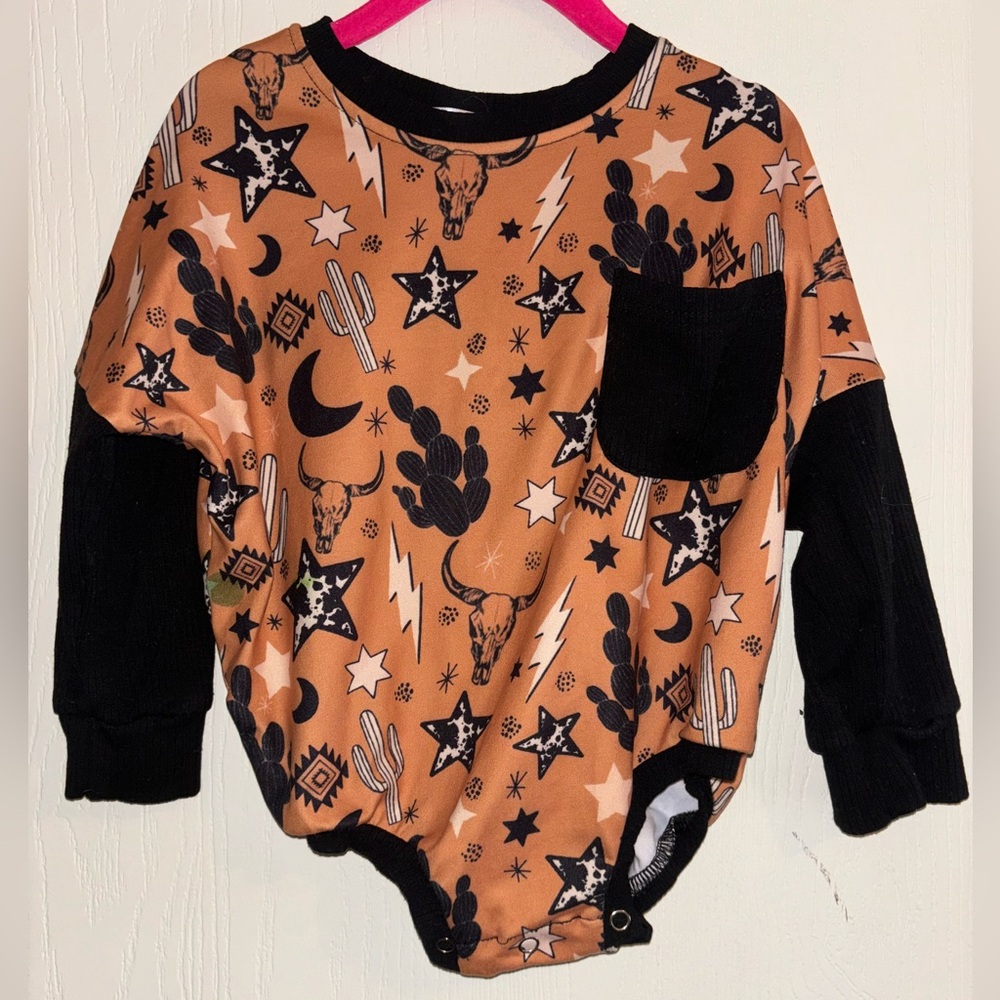 Western long sleeve onesie/romper with buttons, ripped sleeves 12/18 months
